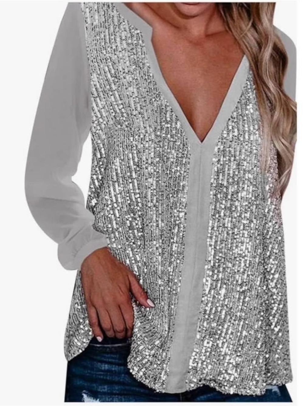 Silver Sequin V-Neck Long Sleeve Women's Top